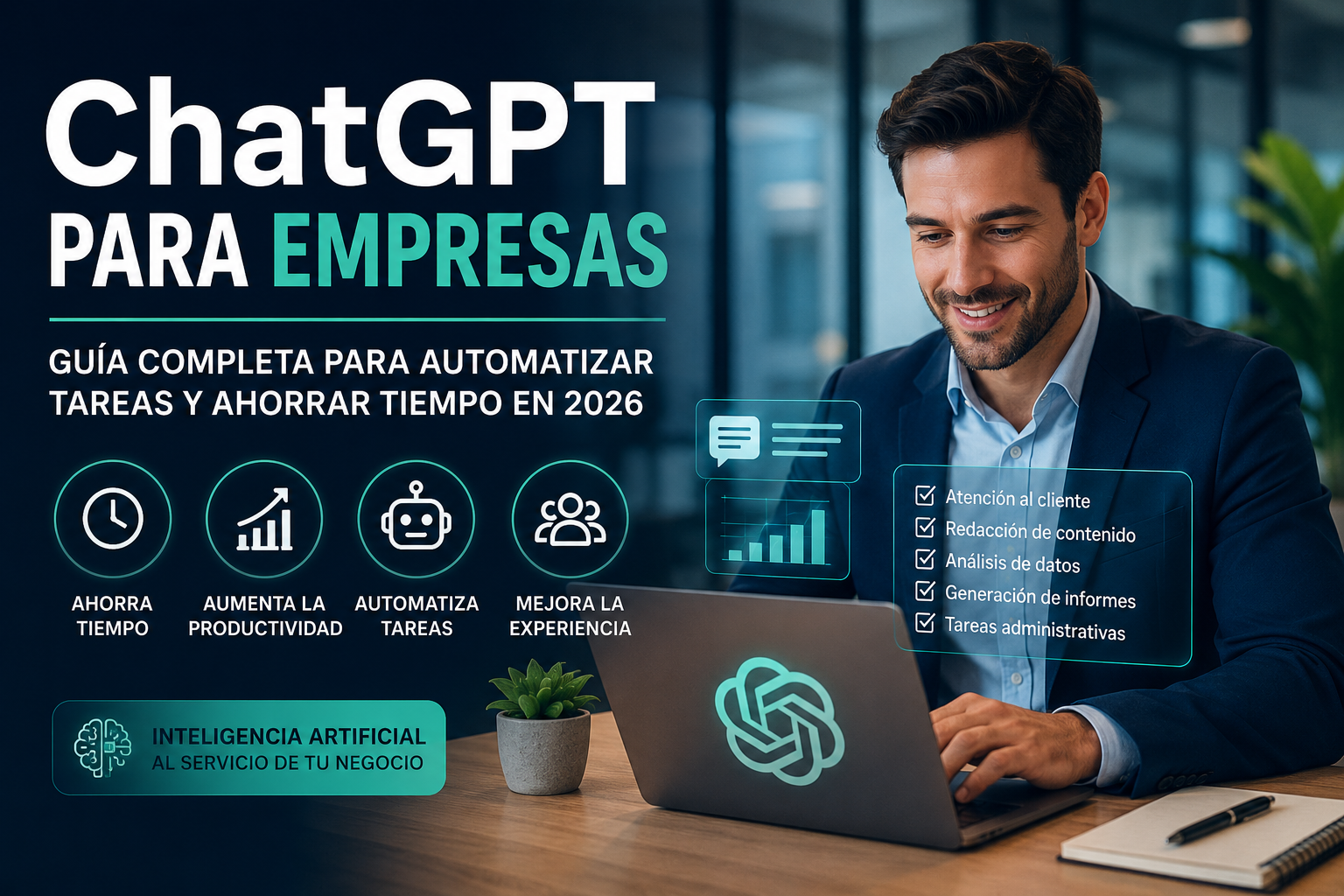 ChatGPT para empresas ayudando a automatizar tareas, mejorar la productividad y optimizar procesos mediante inteligencia artificial.