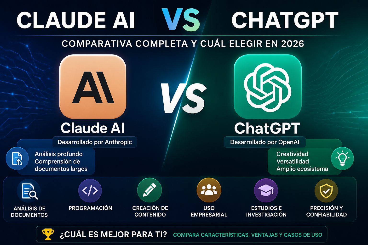 Comparativa entre Claude AI y ChatGPT mostrando sus principales características, ventajas y aplicaciones en inteligencia artificial para empresas, contenido y productividad.