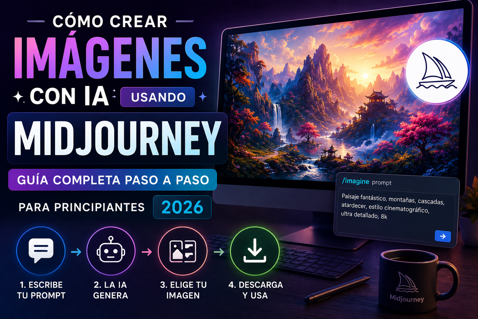 🎨 Cómo Crear Imágenes con IA Usando Midjourney: Guía Completa Paso a Paso para Principiantes en 2026 Cómo crear imágenes con IA usando Midjourney mediante prompts de texto para generar ilustraciones y diseños profesionales con inteligencia artificial.