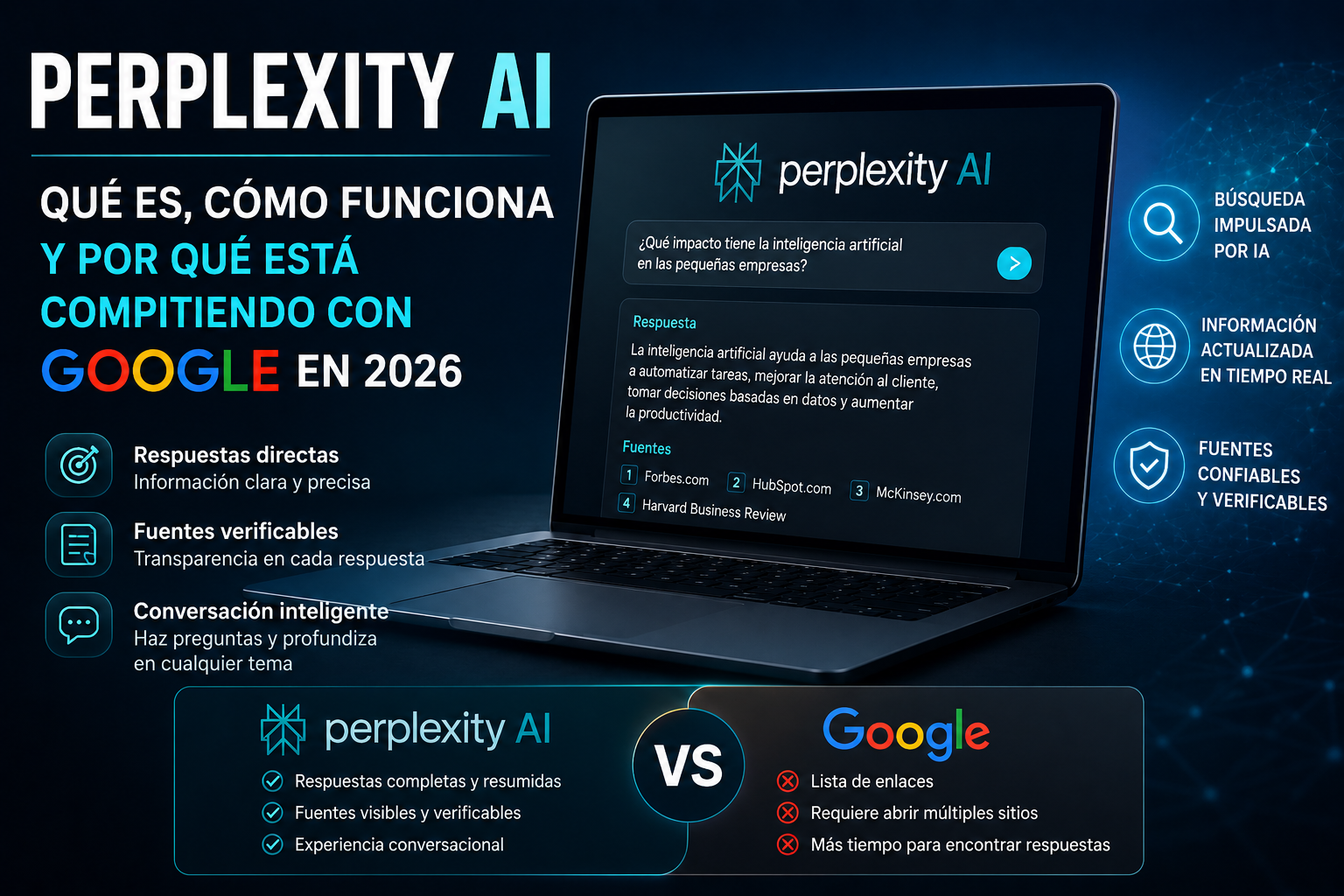 Perplexity AI mostrando cómo funciona un buscador con inteligencia artificial que genera respuestas directas y verificadas como alternativa a Google.