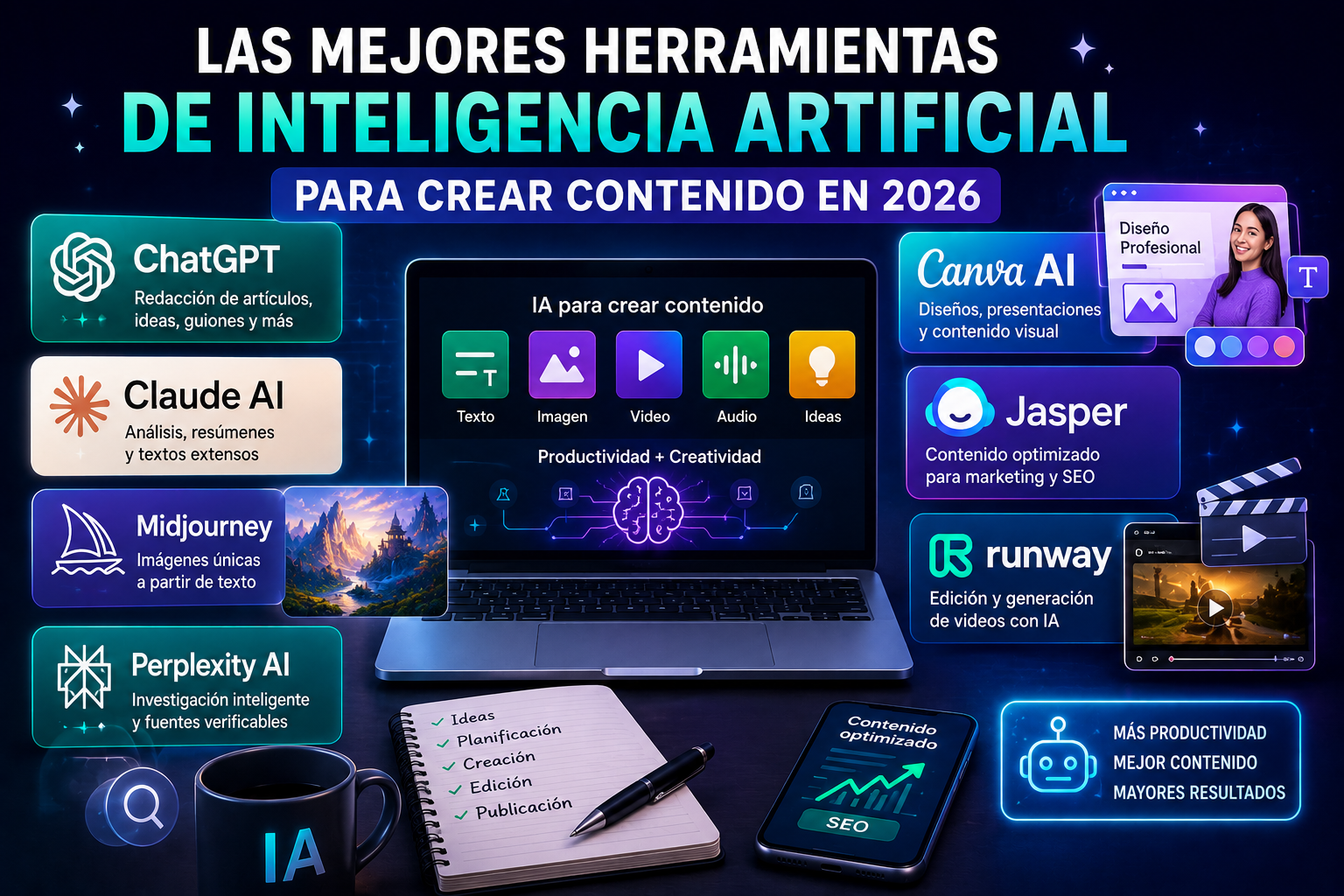 🚀 Las Mejores Herramientas de Inteligencia Artificial para Crear Contenido en 2026 Las mejores herramientas de inteligencia artificial para crear contenido en 2026, incluyendo ChatGPT, Claude AI, Midjourney, Perplexity AI, Canva AI, Jasper y Runway.